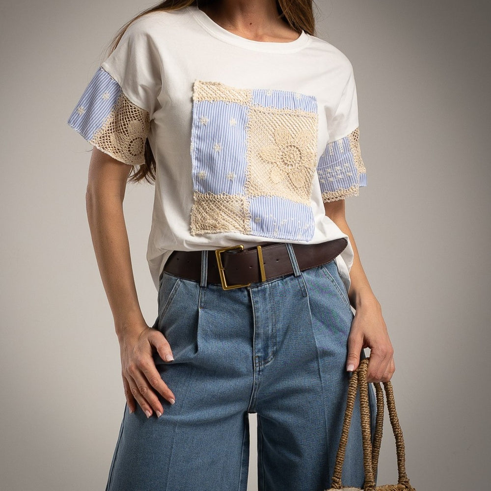 patchwork cotton t shirt detail front ivory blue marigiou