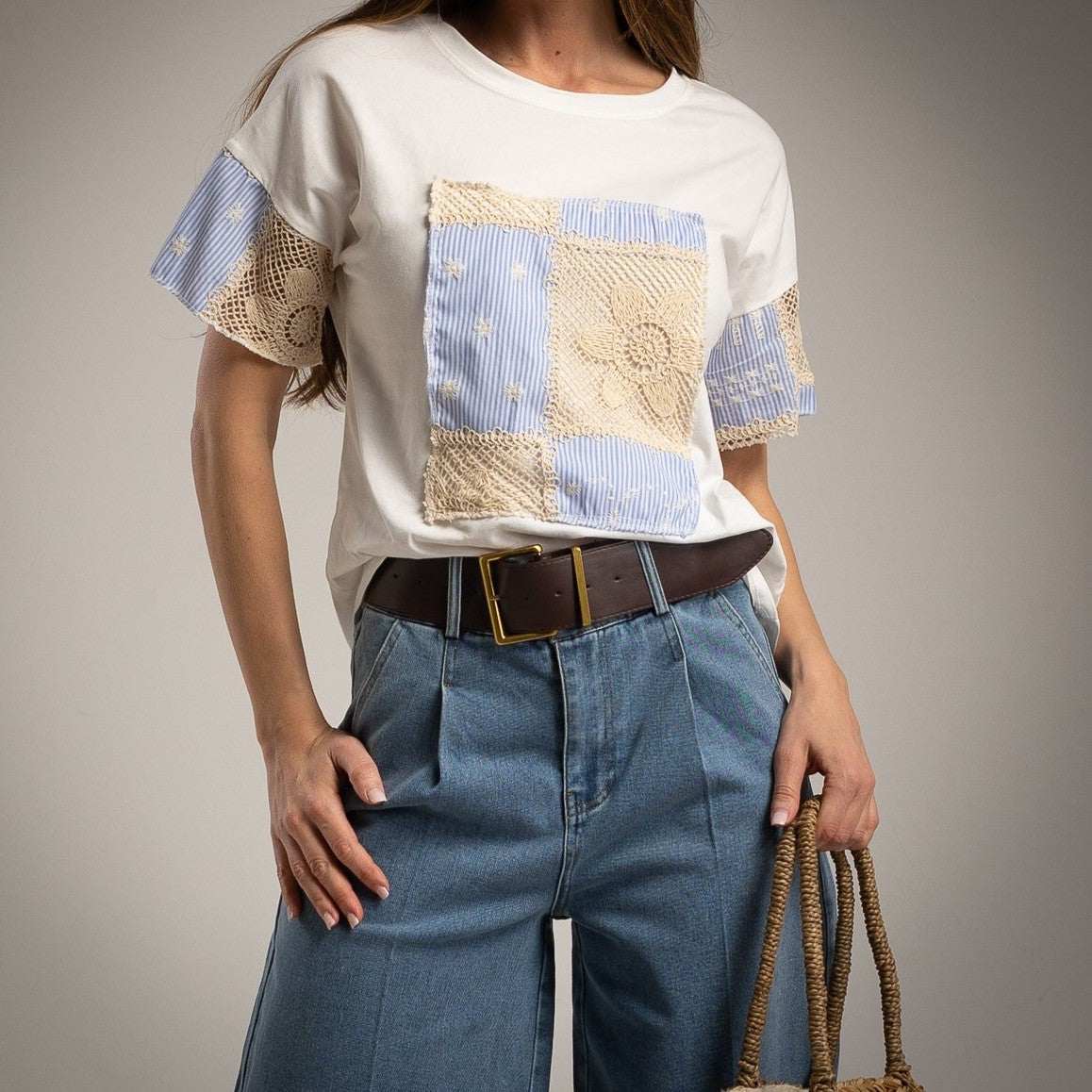 patchwork cotton t shirt detail front ivory blue marigiou