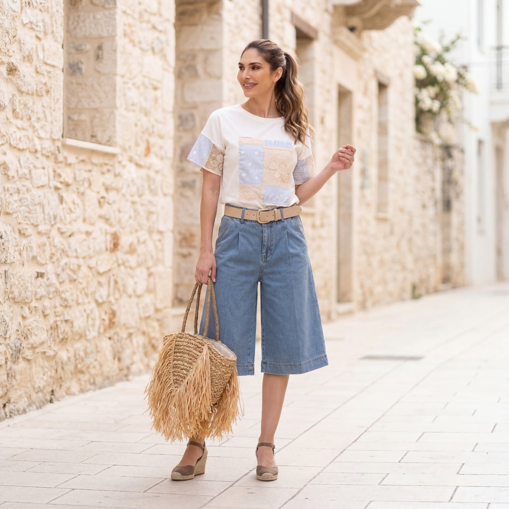 patchwork detail t shirt ivory powder blue relaxed fit marigiou styled