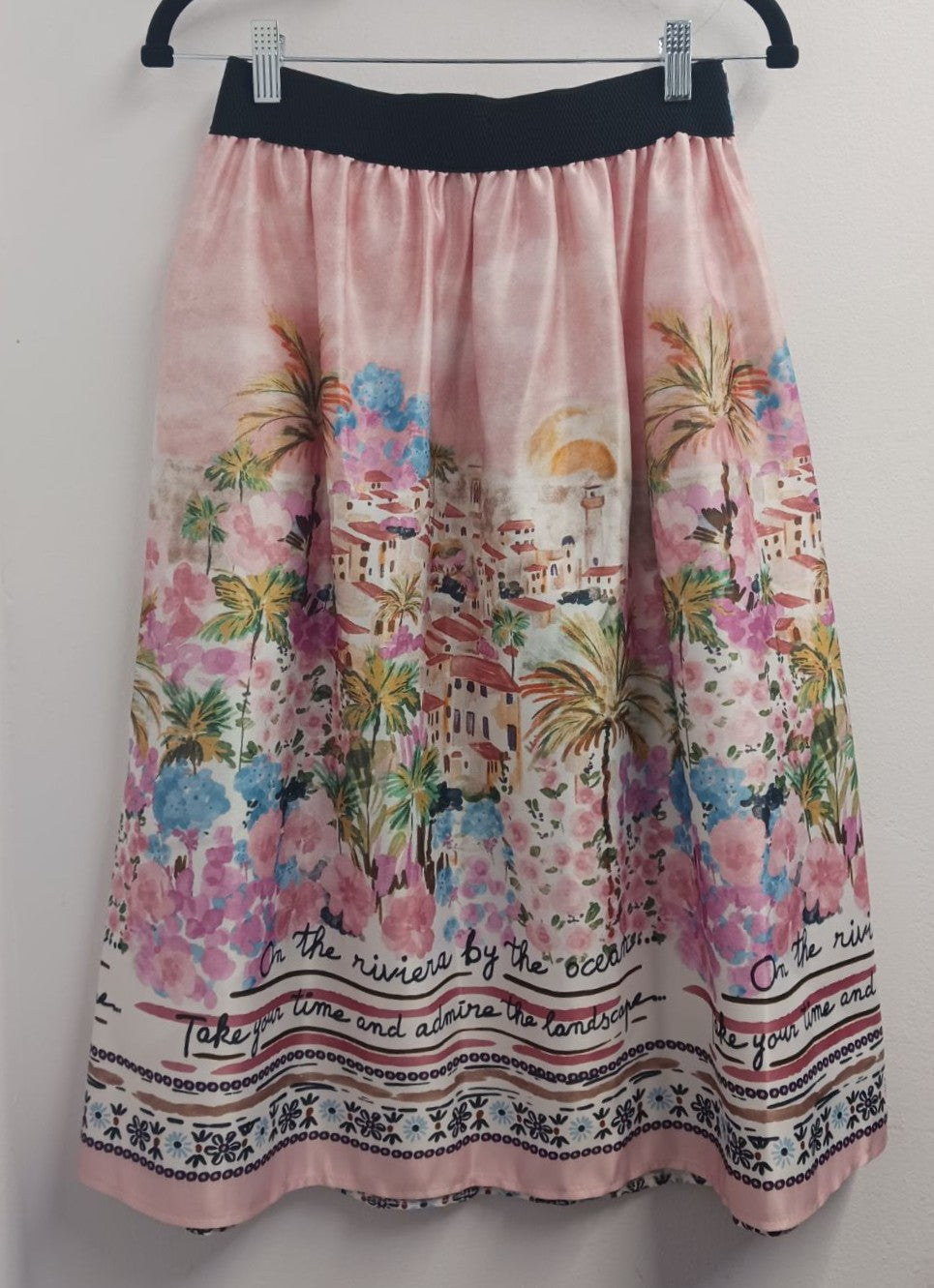 MARIΓIOÚ rose mediterranean island print midi skirt back flared hemline