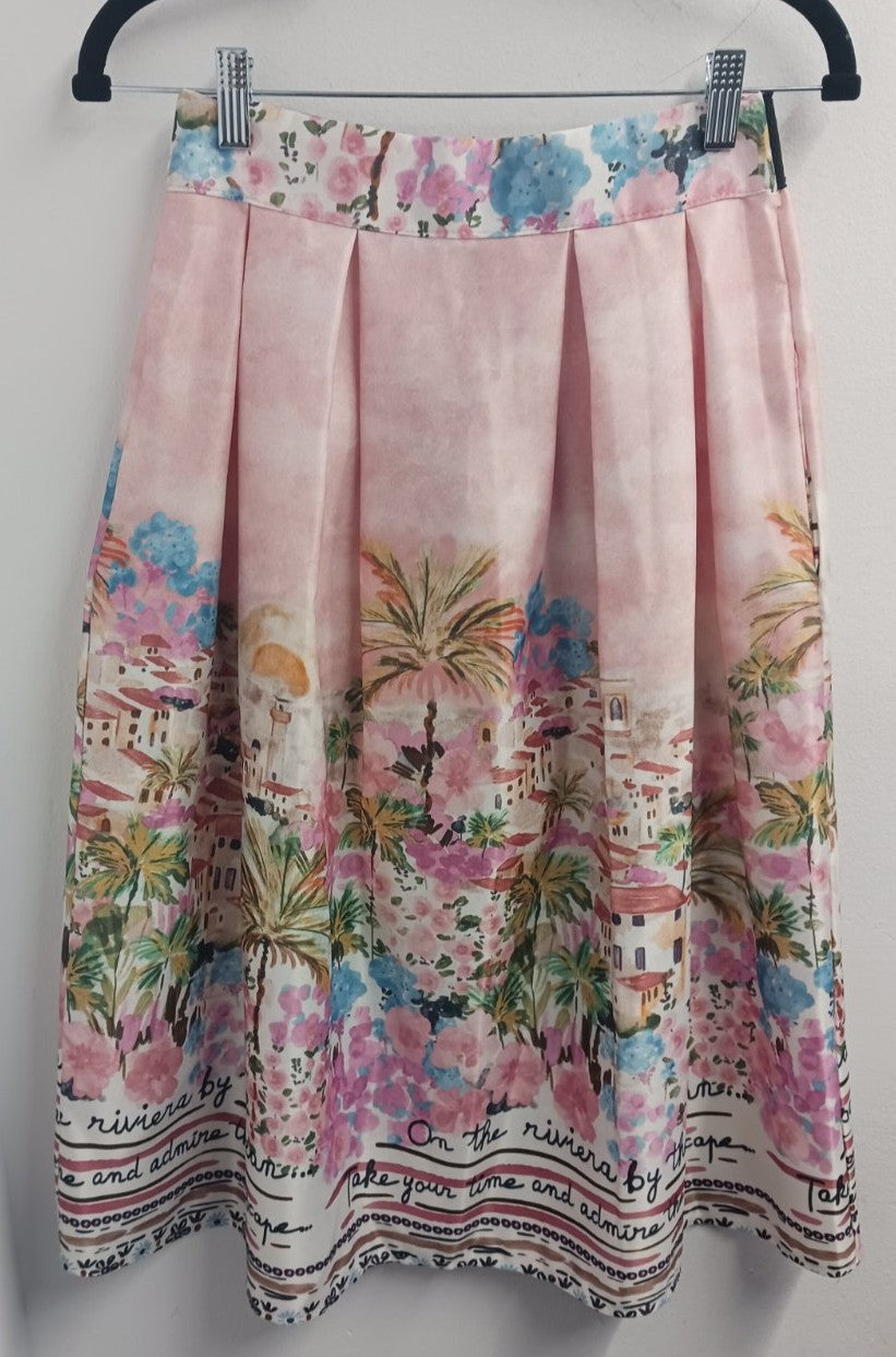 MARIΓIOÚ rose mediterranean island print midi skirt front feminine volume