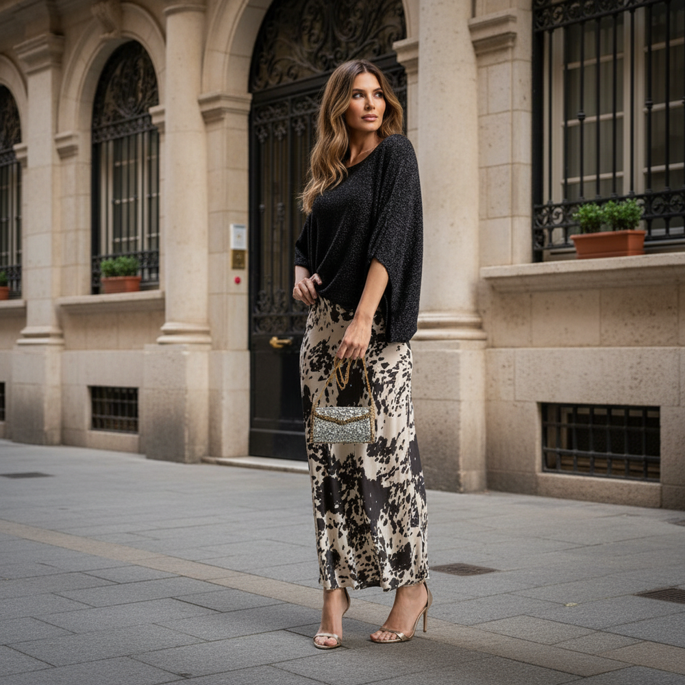 MARIΓIOÚ Shimmering Lurex Batwing Top in Black – elegant street style look