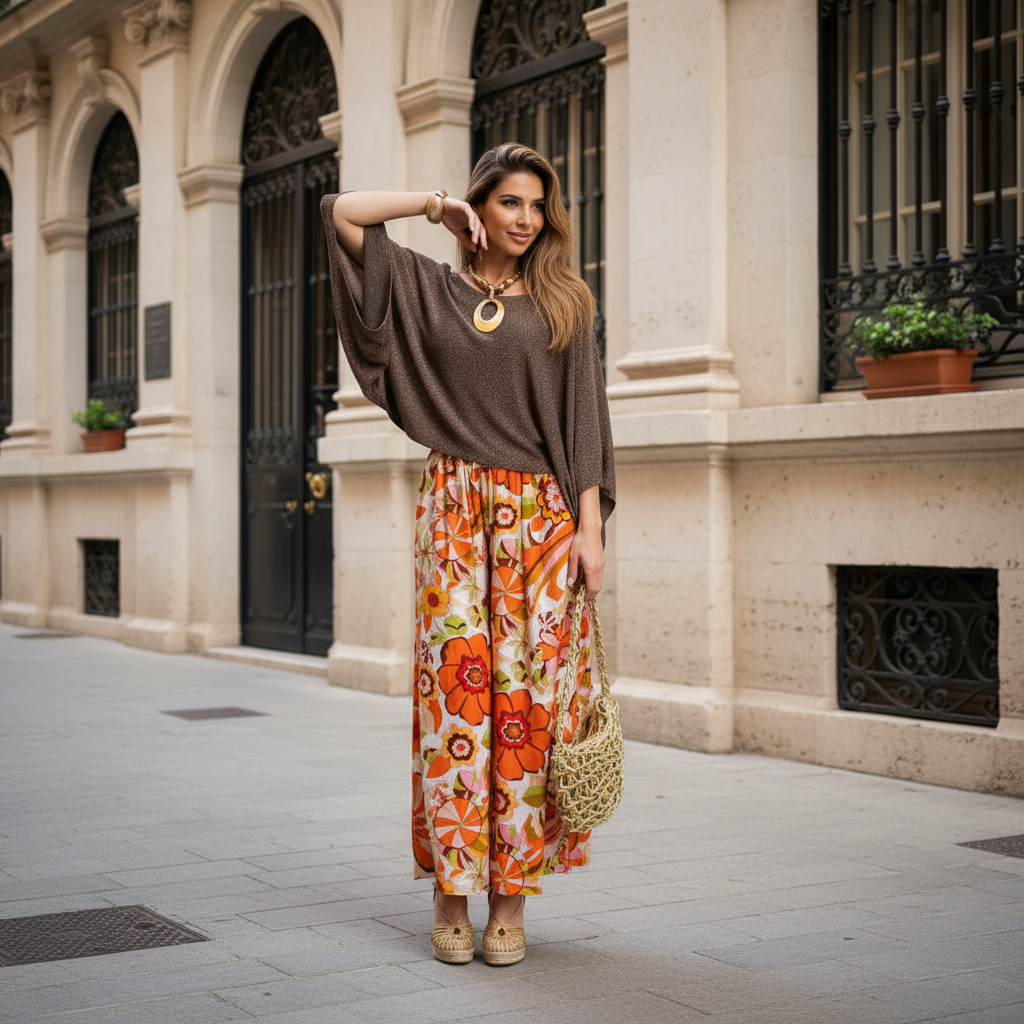 MARIΓIOÚ Shimmering Lurex Batwing Top in Brown styled for street chic