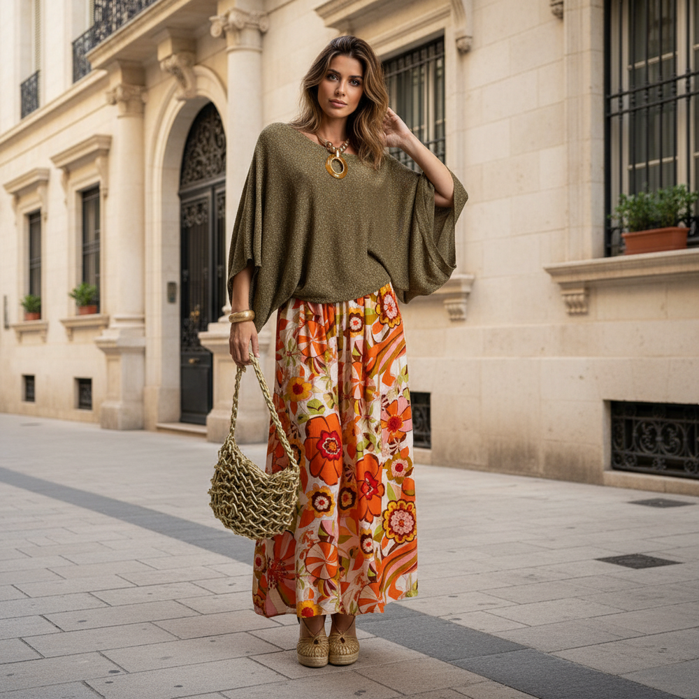 MARIΓIOÚ Shimmering Lurex Batwing Top in Olive paired with floral pants – elegant outfit