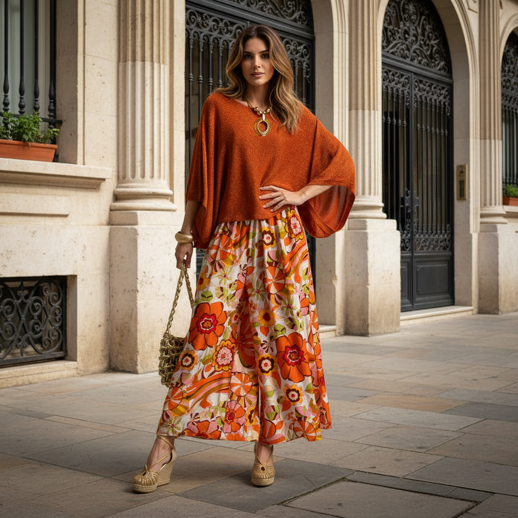 MARIΓIOÚ Shimmering Lurex Batwing Top in Teja styled with floral pants – street look