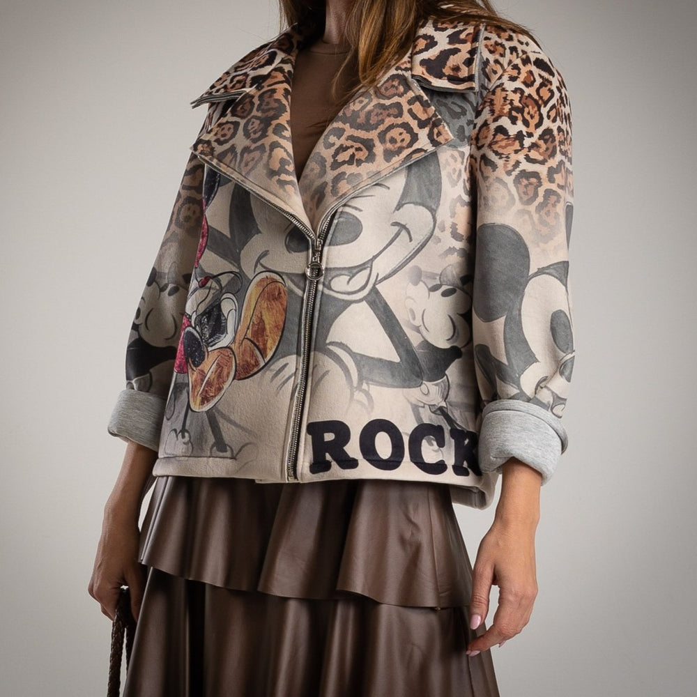 front view of soft neoprene plush jacket with cartoon and leopard print – MARIΓIOÚ