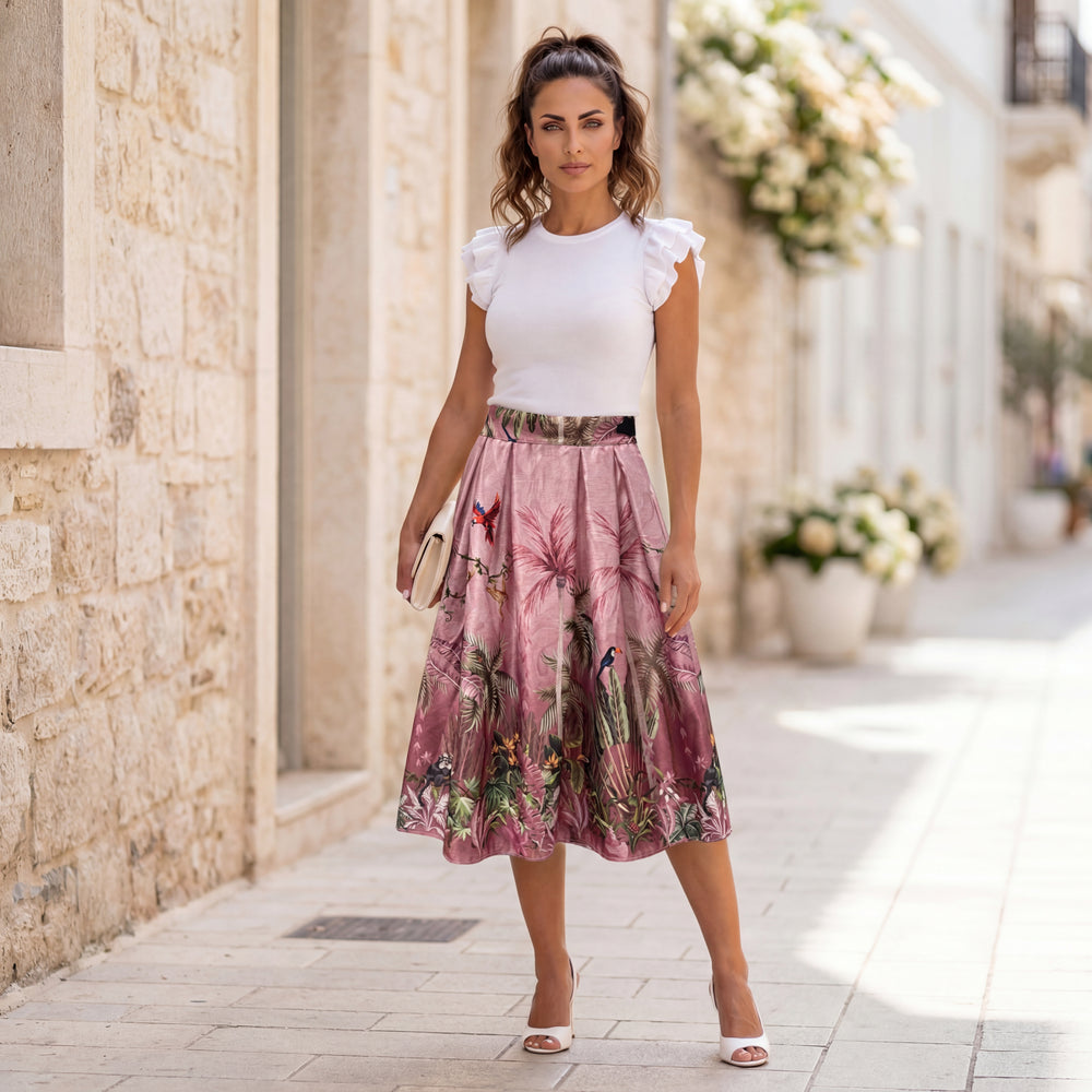 MARIΓIOÚ tropical jungle print midi skirt elegant summer mediterranean styling