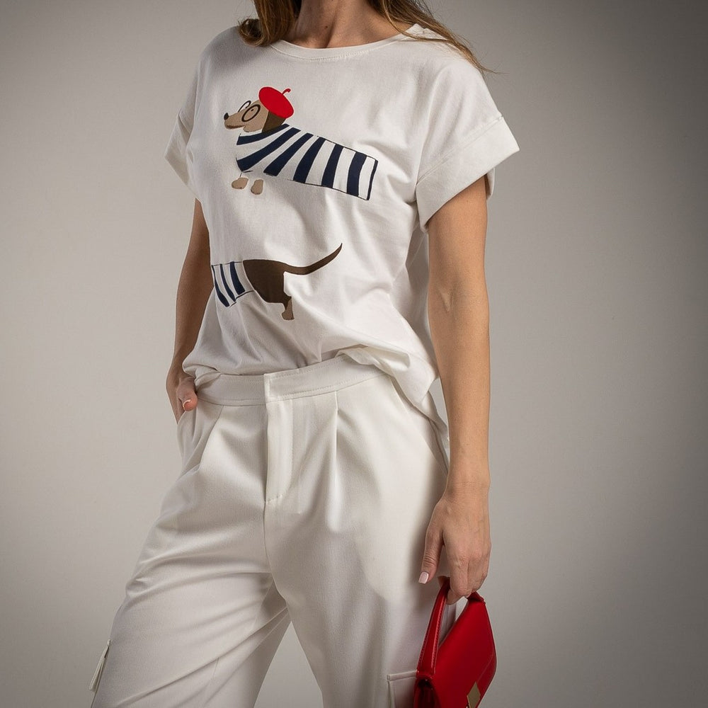 MARIΓIOÚ white cotton dachshund print t-shirt front detail one size