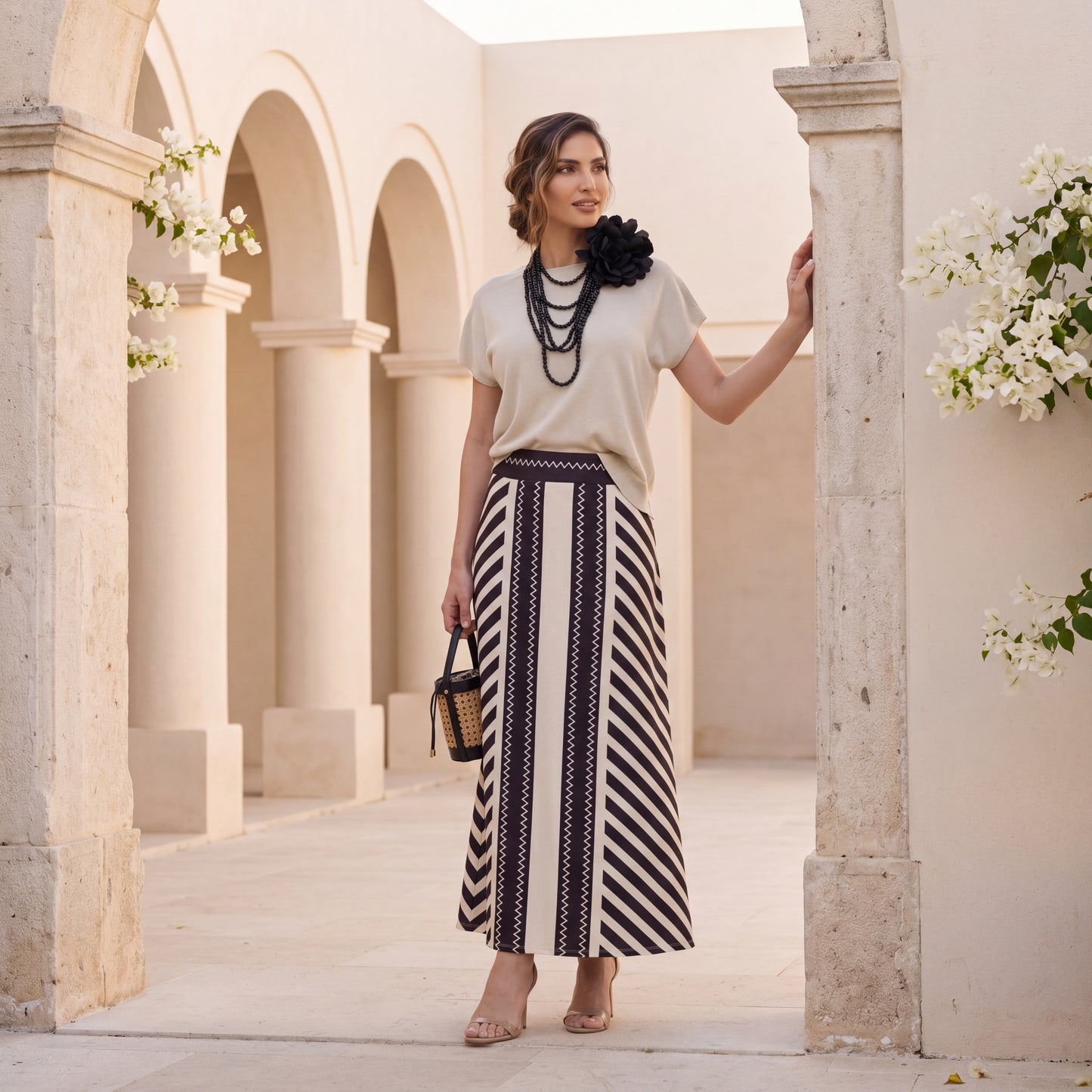 elegant zig zag skirt outfit sand black mediterranean style marigiou
