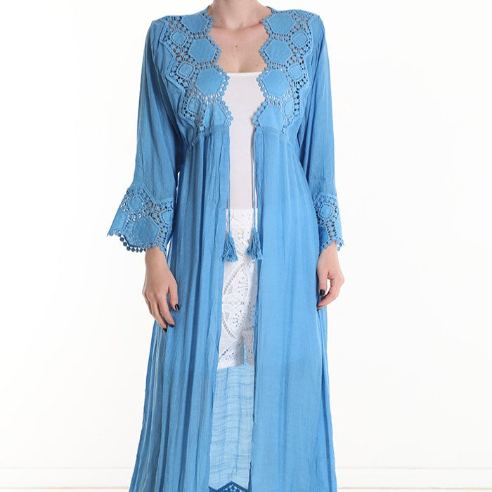 Mediterranean Beach Kimono in Aegean Blue featuring delicate crochet detailing and a flowing lightweight silhouette