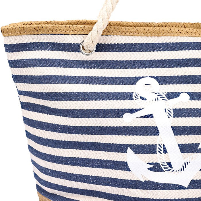 Mediterranean Stripe Beach Bag featuring navy and white stripes with decorative anchor motif