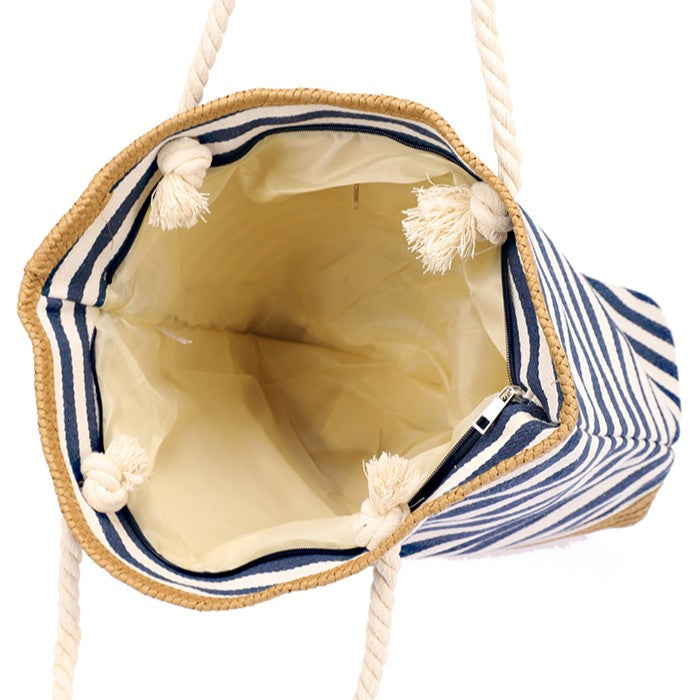 Spacious interior of the Mediterranean Stripe Beach Bag with secure zip closure and storage compartment