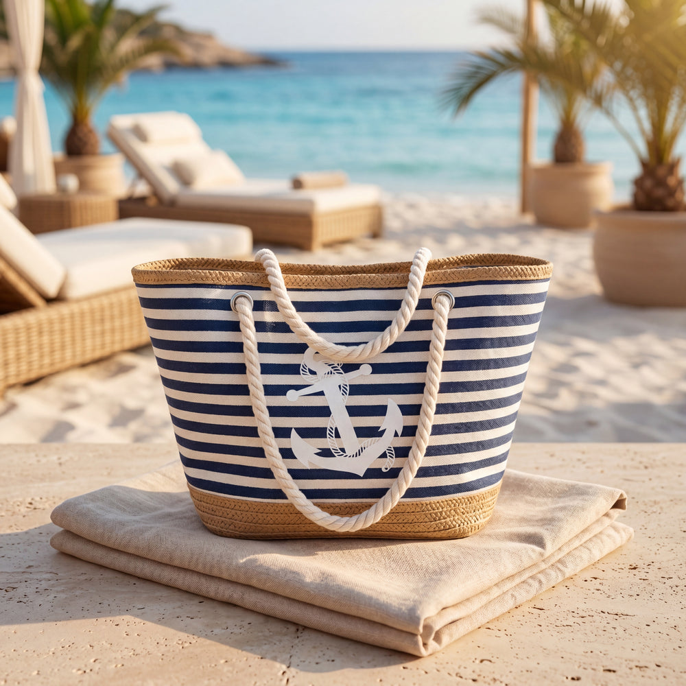 Mediterranean Stripe Beach Bag with nautical anchor detail displayed at a luxury seaside resort
