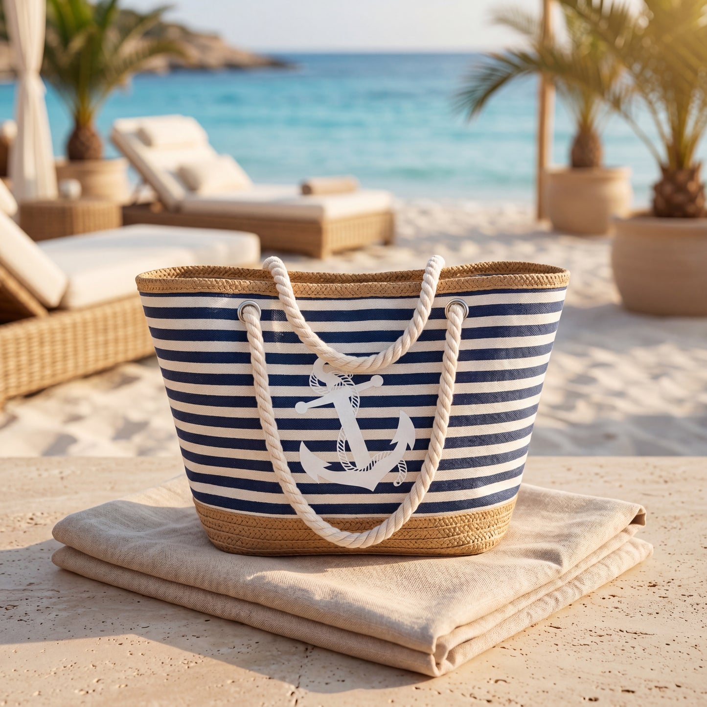 Mediterranean Stripe Beach Bag with nautical anchor detail displayed at a luxury seaside resort