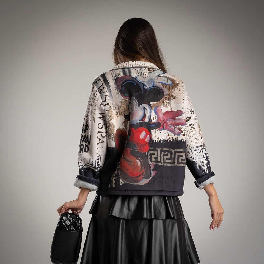 Back view of MARIΓIOÚ Mickey neoprene jacket with bold graphic print and text details.