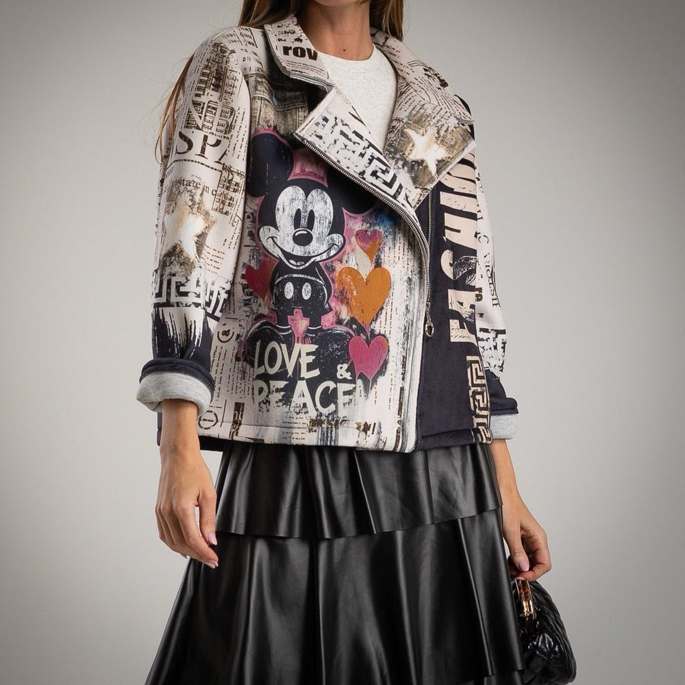 Front view of MARIΓIOÚ soft neoprene jacket with Mickey print and Love & Peace design.