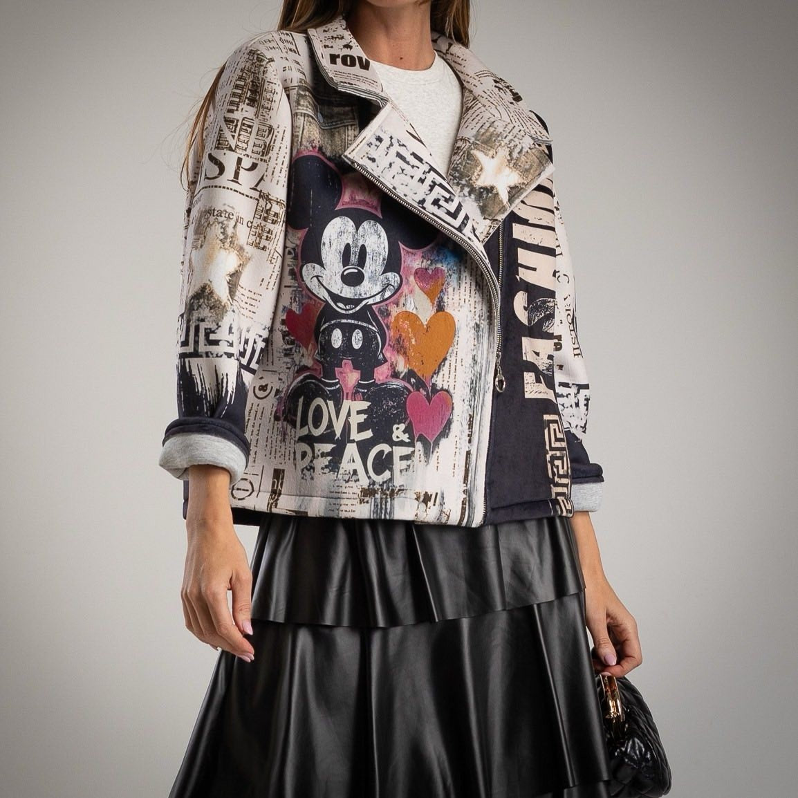 Front view of MARIΓIOÚ soft neoprene jacket with Mickey print and Love & Peace design.