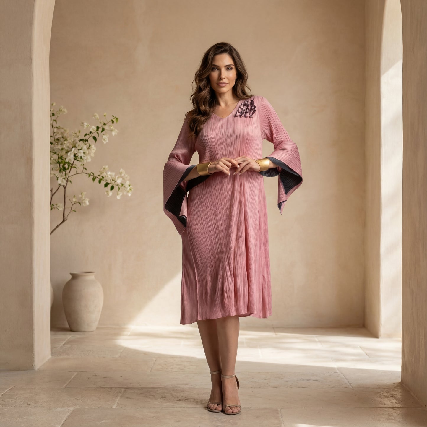 Micropleated midi dress with flared sleeves front view