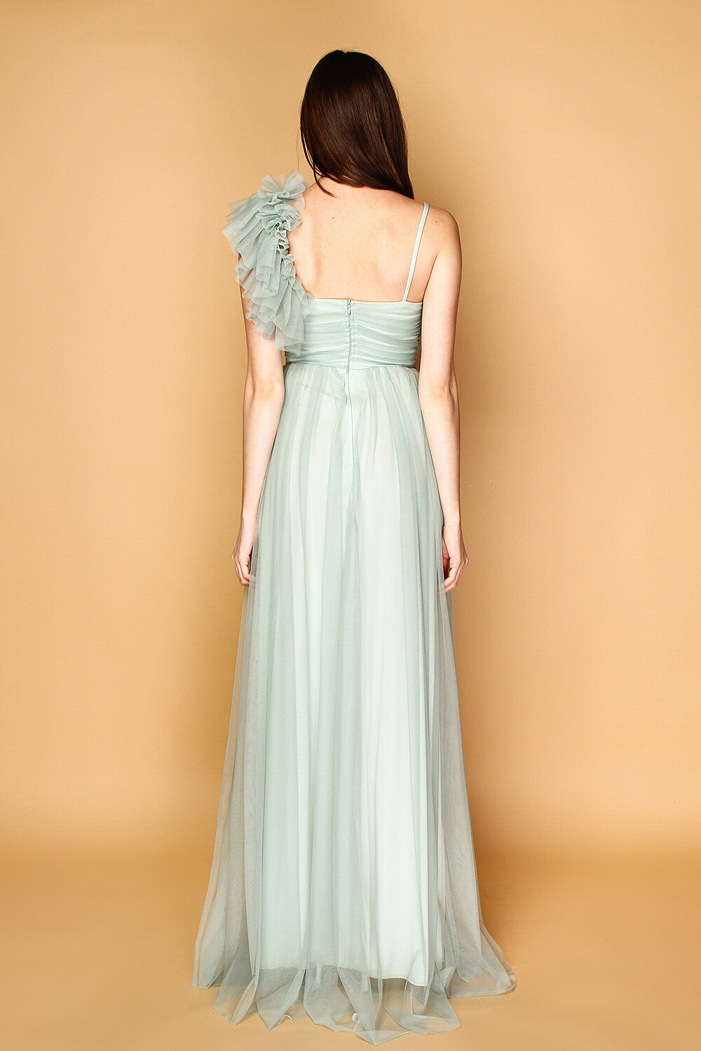 Back view of mint asymmetrical formal maxi dress – MARIΓIOÚ