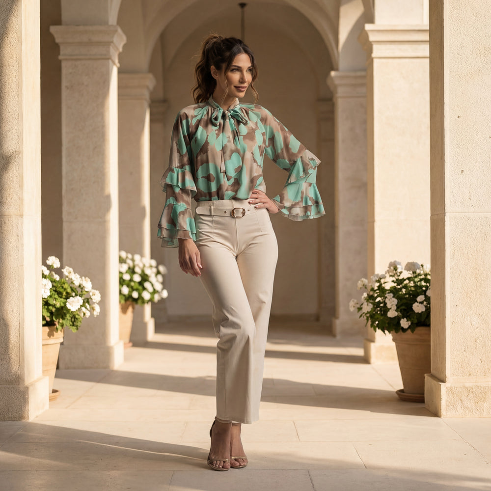 Mint watercolour print blouse with layered ruffle sleeves and bow tie detail