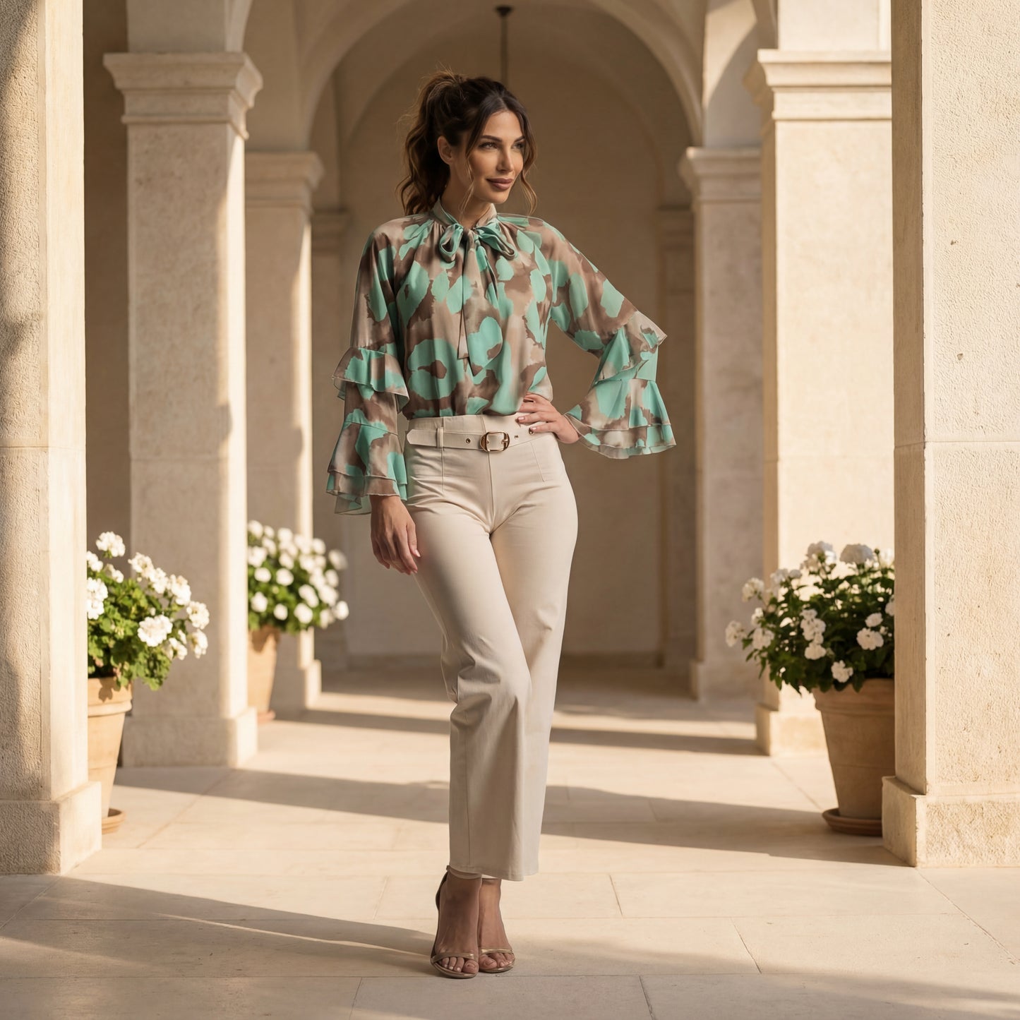 Mint watercolour print blouse with layered ruffle sleeves and bow tie detail