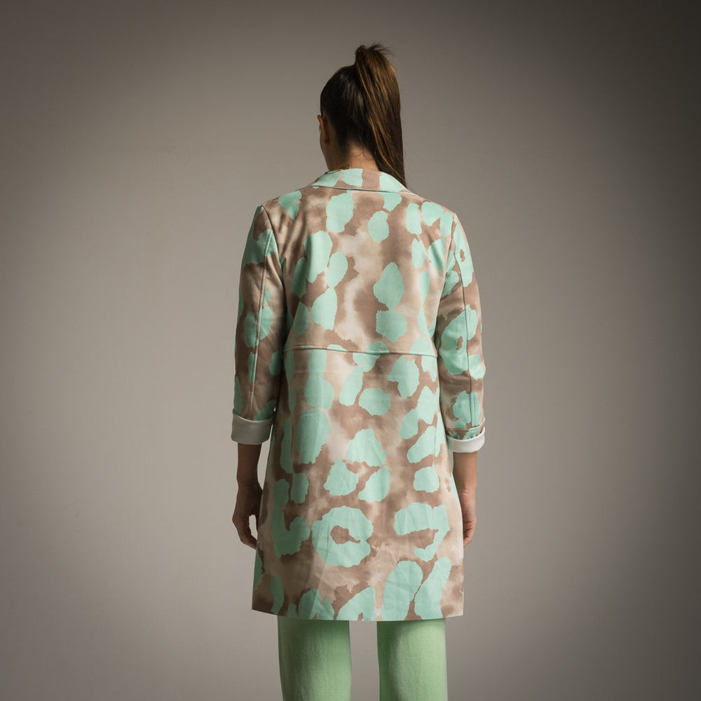 Back view of mint lightweight suede jacket with watercolour print