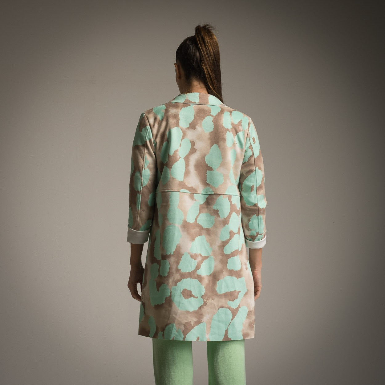 Back view of mint lightweight suede jacket with watercolour print