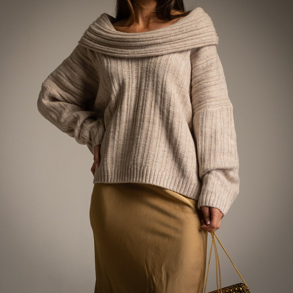 Off-shoulder knit sweater with ribbed texture and long sleeves