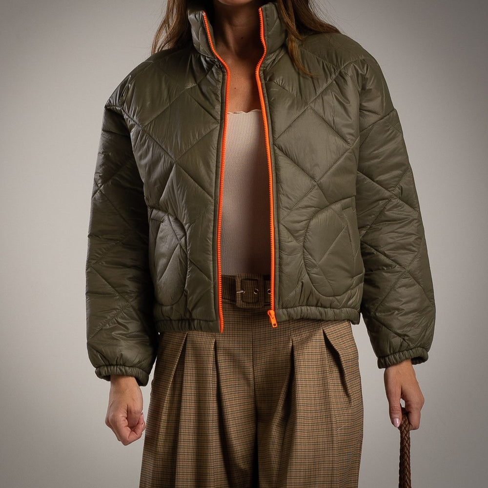 Olive padded jacket with fluorescent zipper – front view