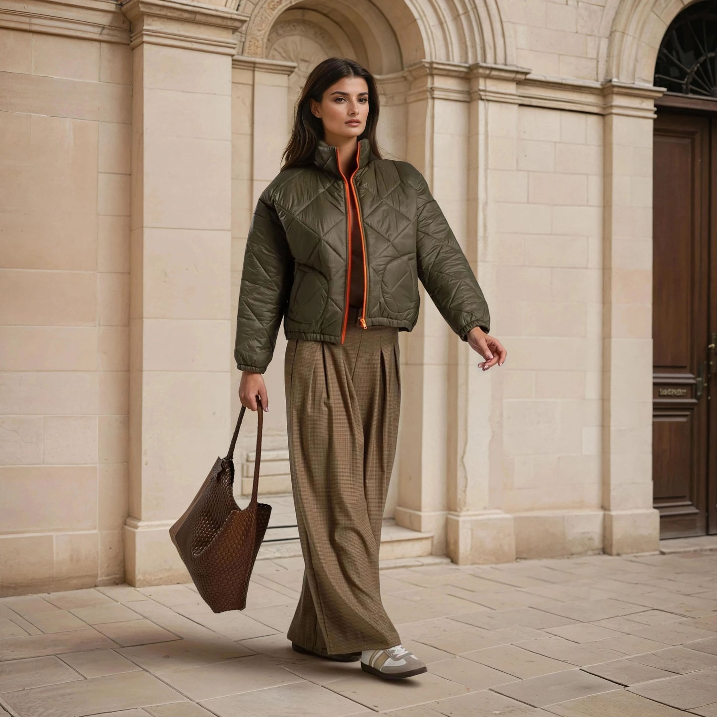 Olive padded jacket styled in a chic outdoor outfit