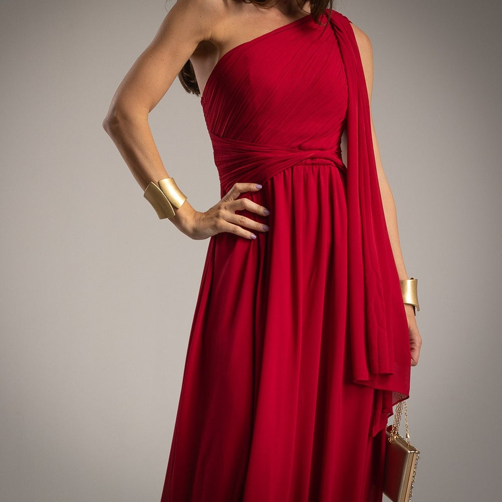 Side detail view of red flowing evening dress – MARIΓIOÚ