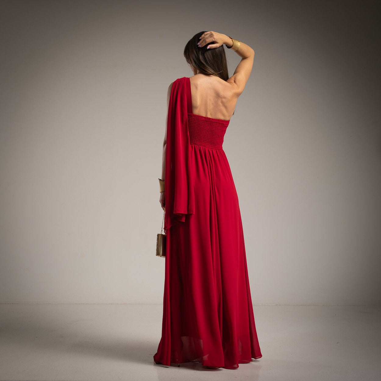 Back view of red one shoulder evening dress – MARIΓIOÚ