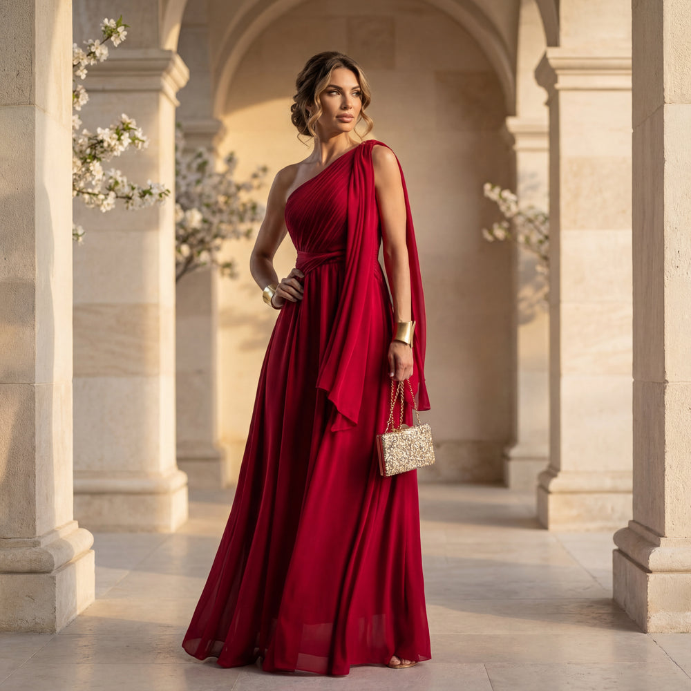 Full body look of red evening dress styled for evening events – MARIΓIOÚ