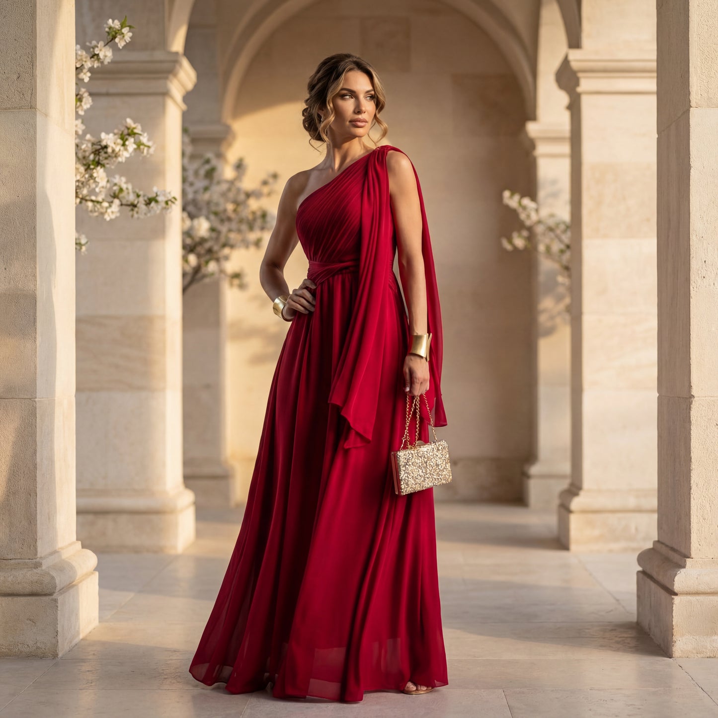 Full body look of red evening dress styled for evening events – MARIΓIOÚ