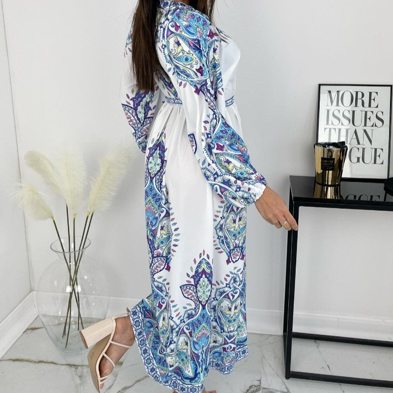 Paisley maxi dress in soft ivory and mediterranean blue with waist tie side view