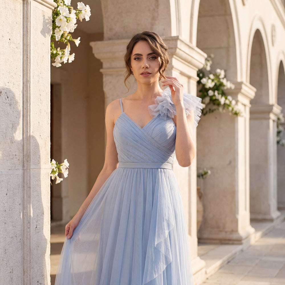 Pastel blue asymmetrical tulle maxi dress with ruffle detail – MARIΓIOÚ