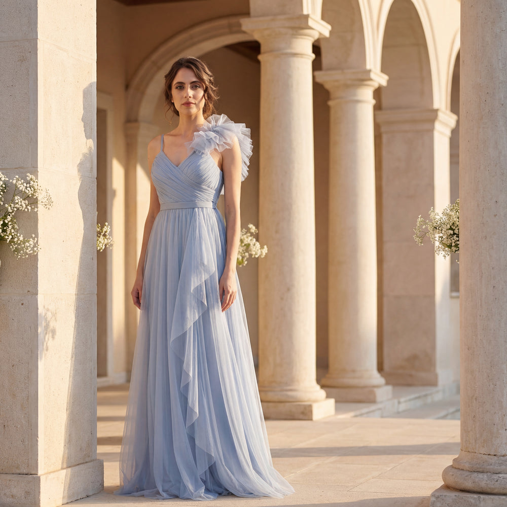 Full body look of pastel blue formal dress for weddings – MARIΓIOÚ