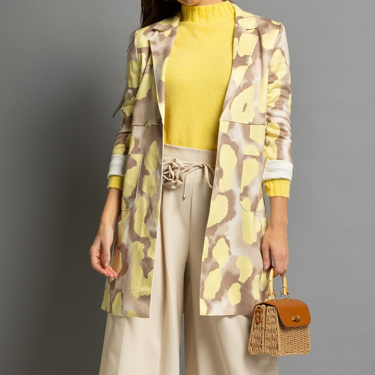 Pastel yellow lightweight suede jacket with abstract watercolour print