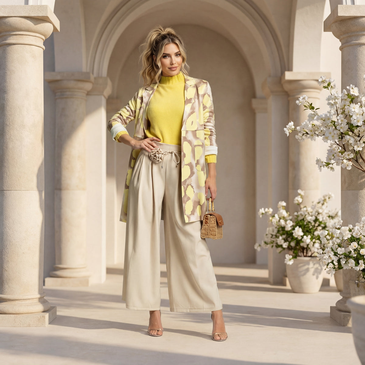 Pastel yellow suede jacket styled with beige wide-leg trousers