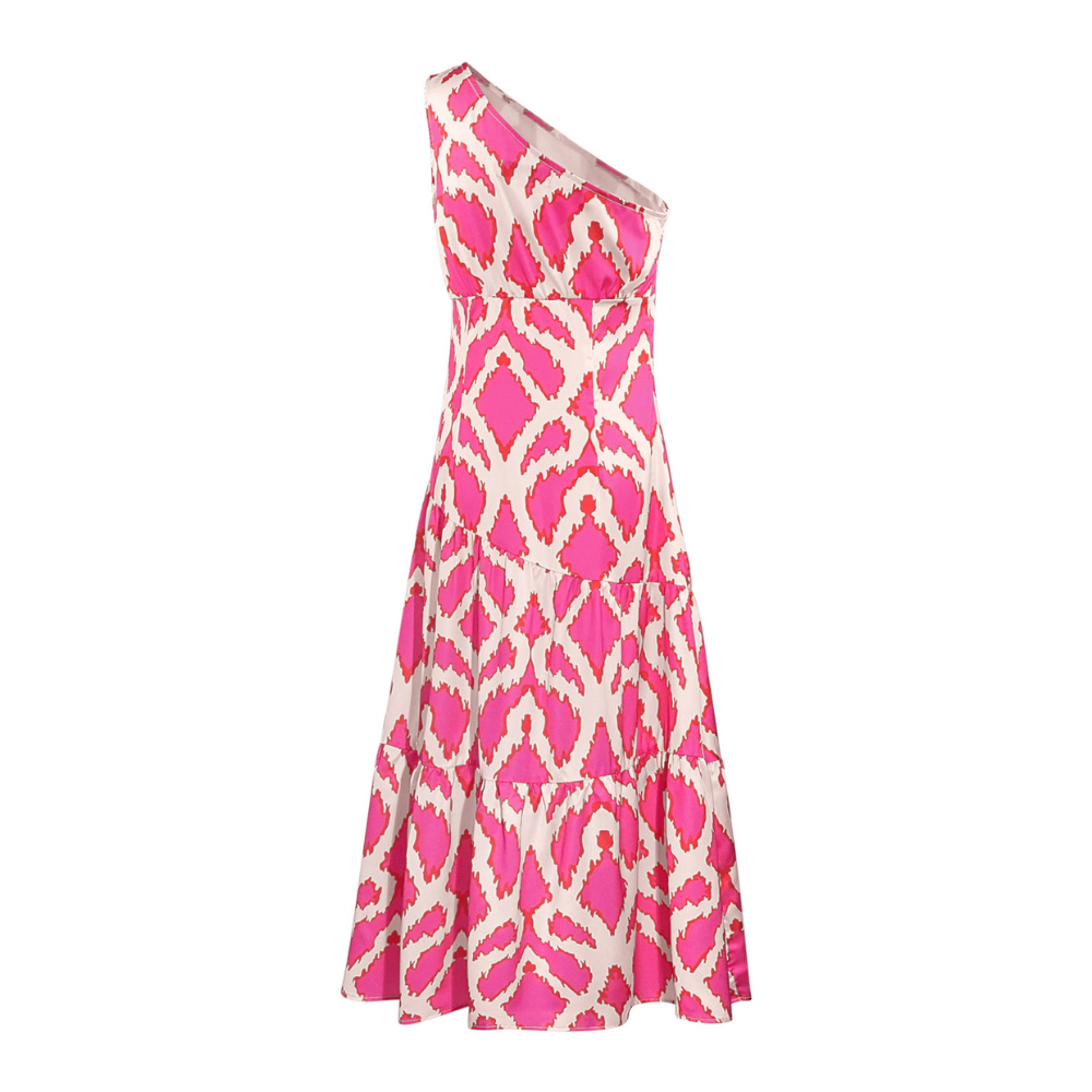 Back view of satin midi dress with vibrant pink geometric pattern on white background
