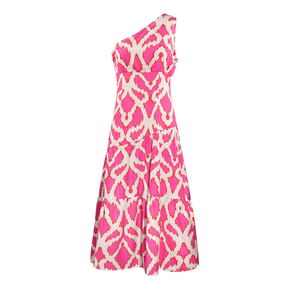 Front view of pink one-shoulder satin midi dress with geometric print