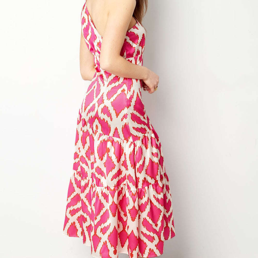 One-shoulder midi dress with geometric Pink Orchid print isolated side view