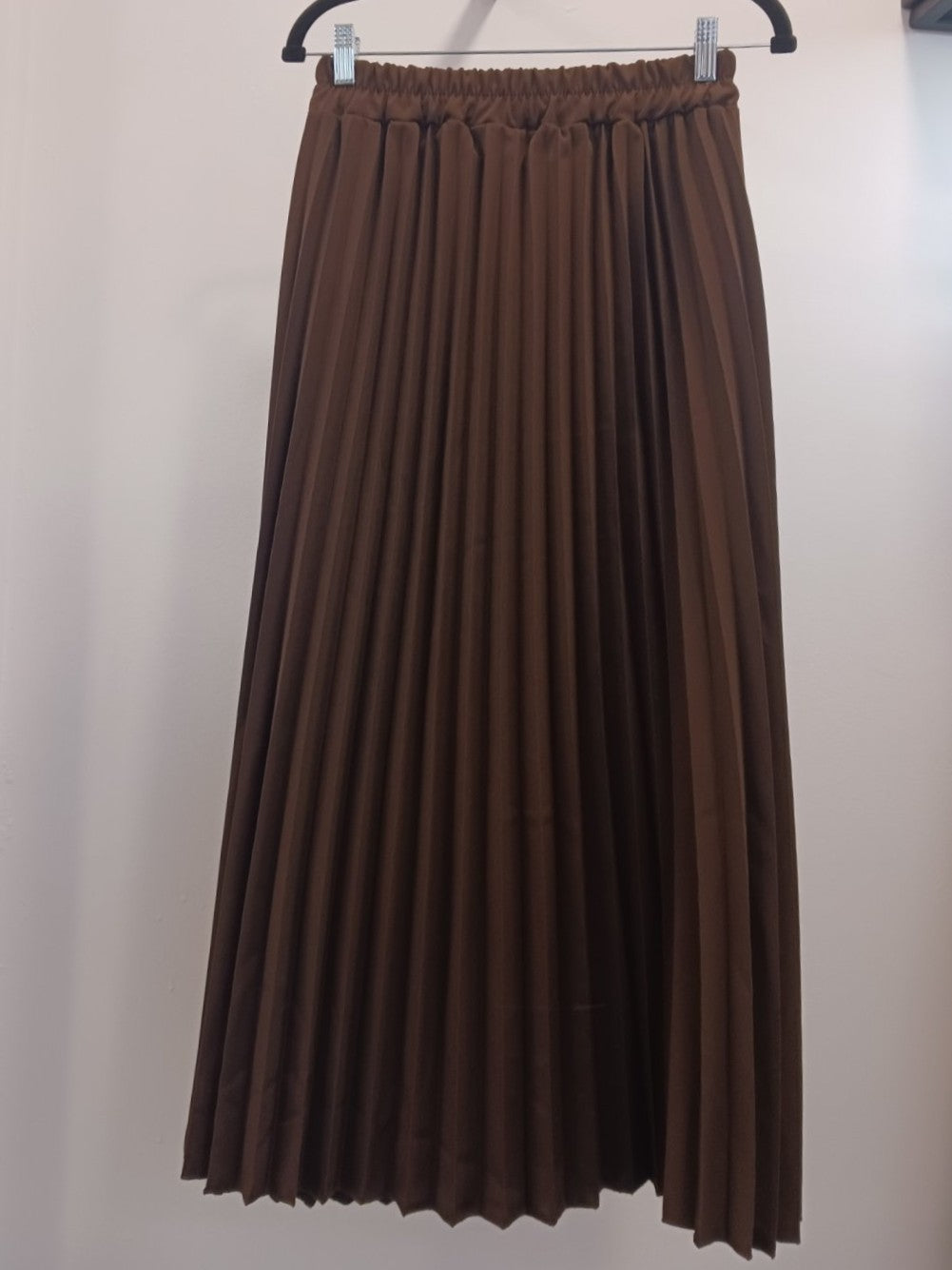 Pleated Satin Midi Skirt in Chocolate with flowing pleats and elegant satin finish