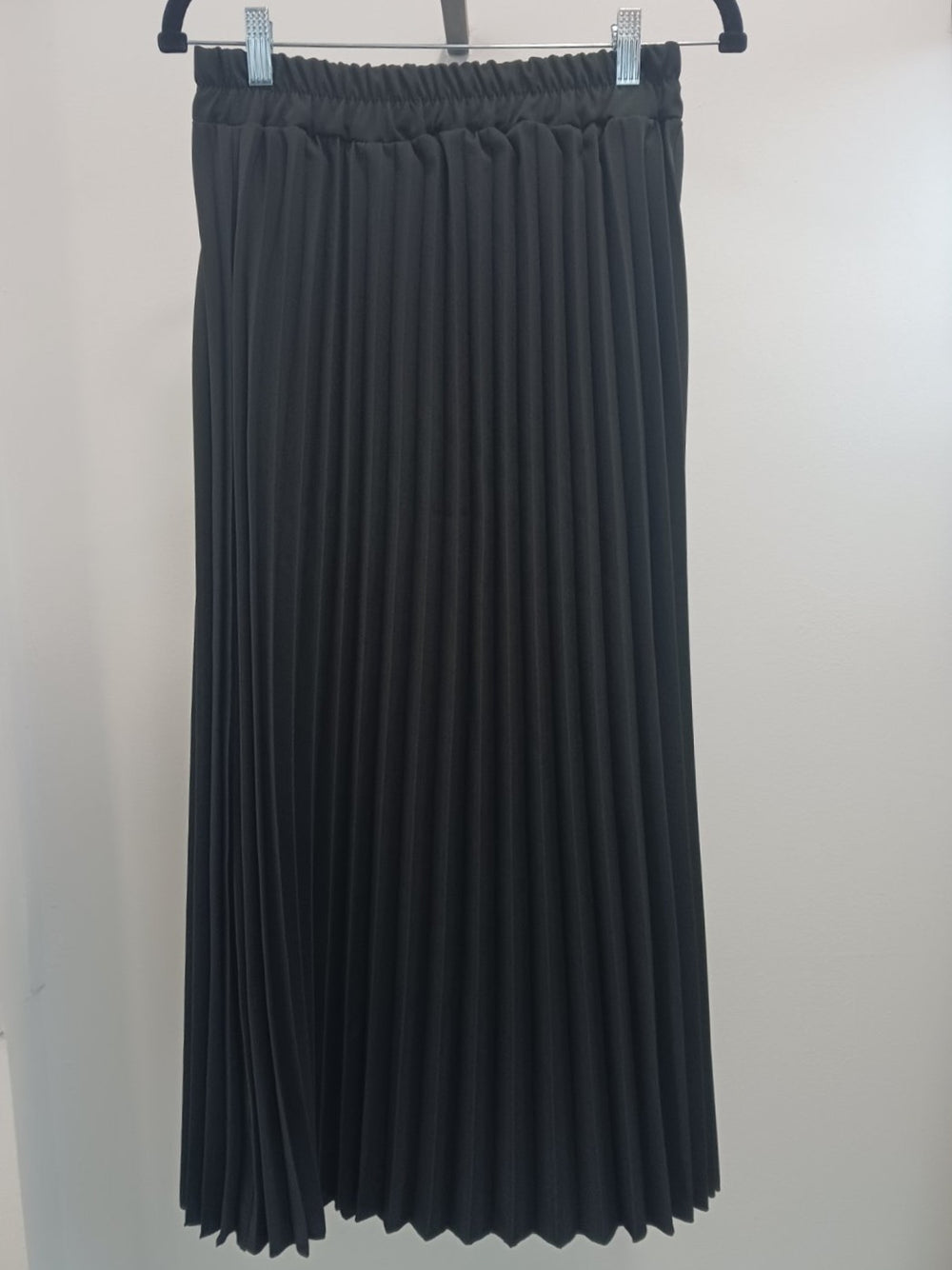 Pleated Satin Midi Skirt in Classic Black with elegant flowing silhouette and elastic waistband