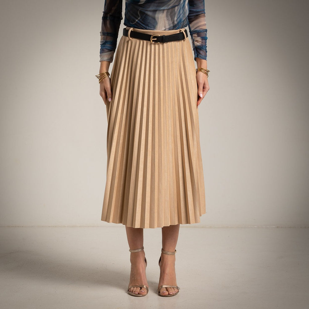Pleated suede midi skirt in beige with belt – MARIΓIOÚ