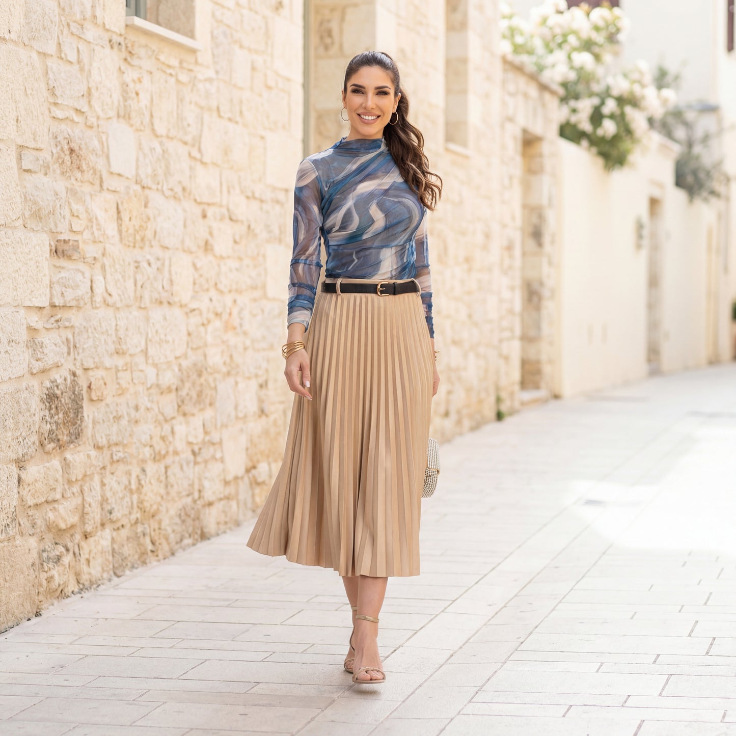 Full body look of beige pleated suede midi skirt styled elegantly – MARIΓIOÚ