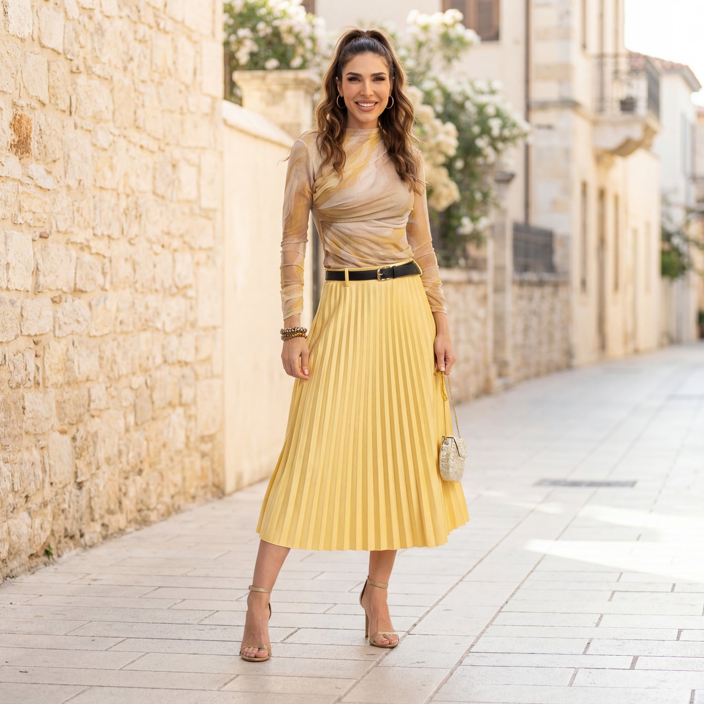 Full body look of mango pleated suede midi skirt styled casually – MARIΓIOÚ