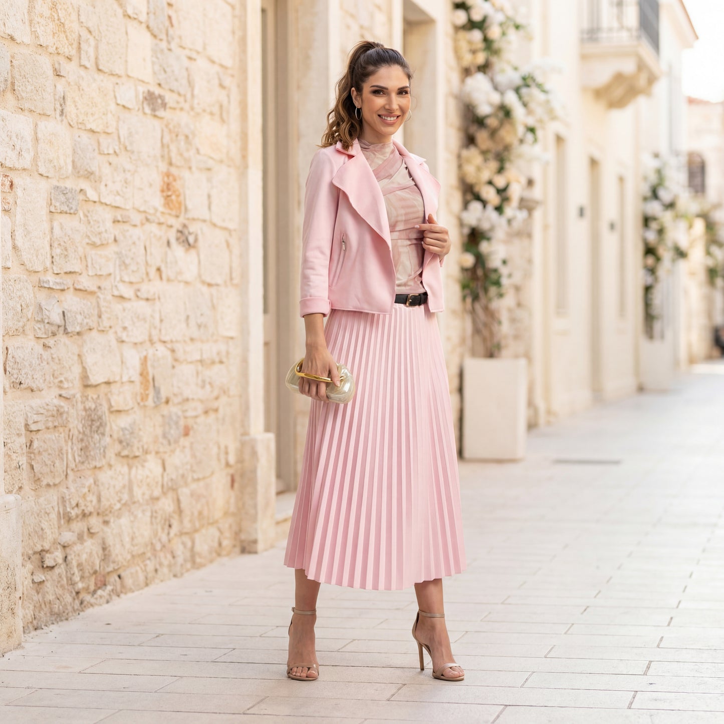 Full body look of rose pleated suede midi skirt styled with jacket – MARIΓIOÚ