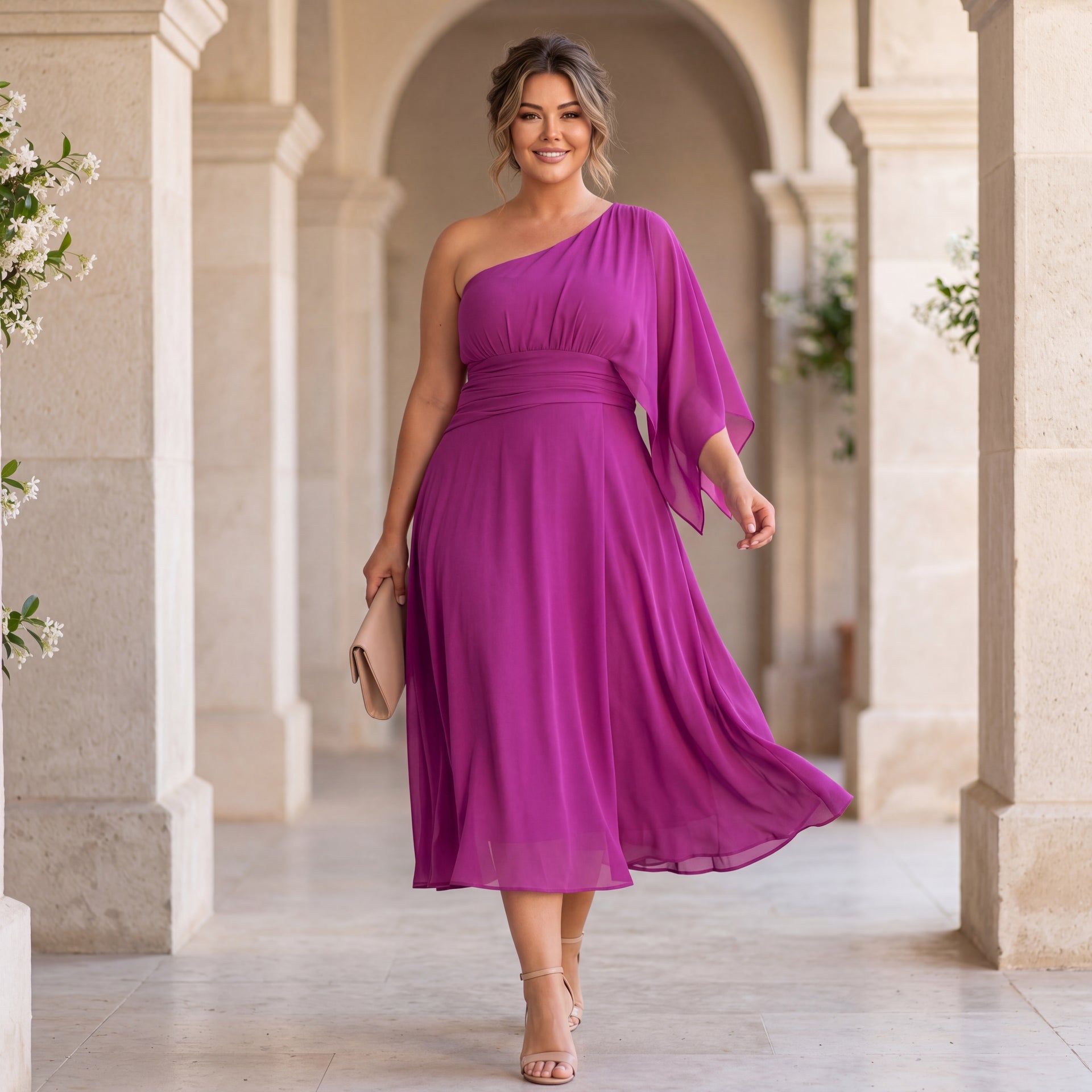 Plus Size One Shoulder Cocktail Dress – Elegant & Flowy – MARIΓIOÚ