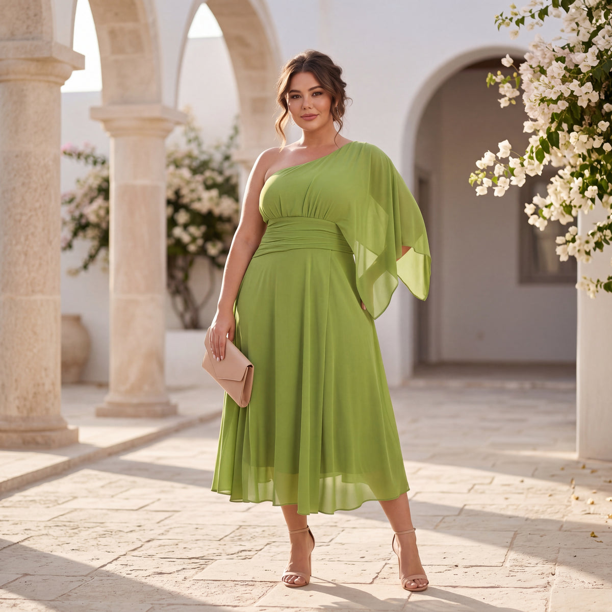 plus size one shoulder cocktail dresses Dress – Elegant & Flowy – MARIΓIOÚ and released pleats at Color:Burnt-Orange American Cutie Dog Dress SCHL004437_Y_L